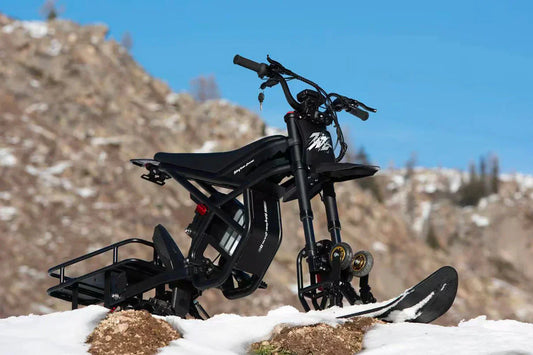 A high-performance Riding'times GT54 Pro e-bike featuring a complete GT54 Pro Snow Track Kit Installation parked on a snowy mountain trail.