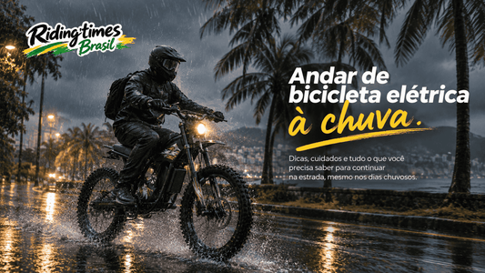 Bicicleta elétrica na chuva em movimento, com cuidados para proteger os componentes elétricos e garantir mais segurança durante o passeio.