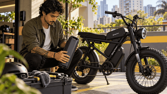 Saiba como cuidar da bateria da bicicleta elétrica com a Riding Times. Homem inspecionando uma bateria removível ao lado de uma e-bike em ambiente urbano.