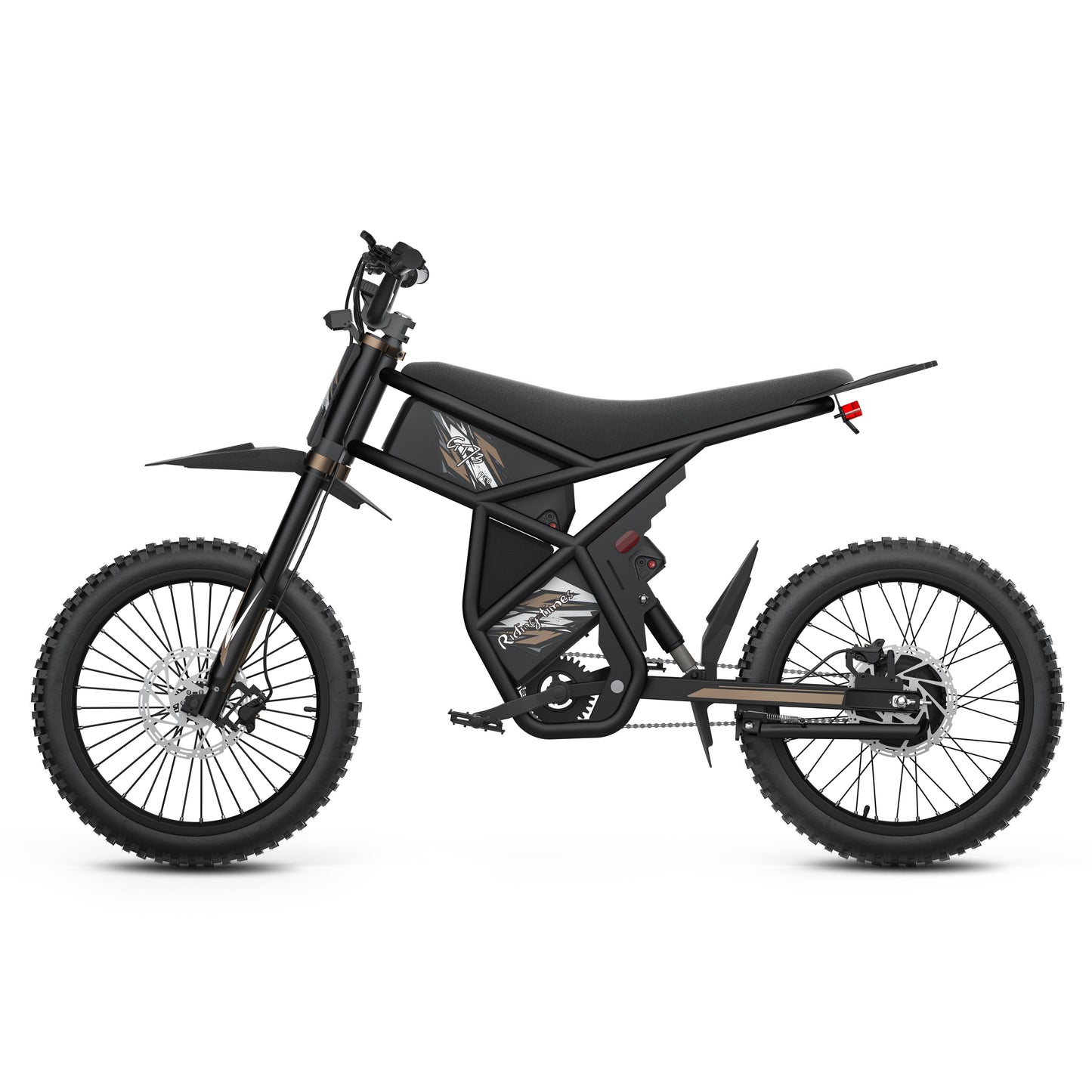 Black GT73 Pro electric motorbike with rugged off-road tires and rear gear hub motor design