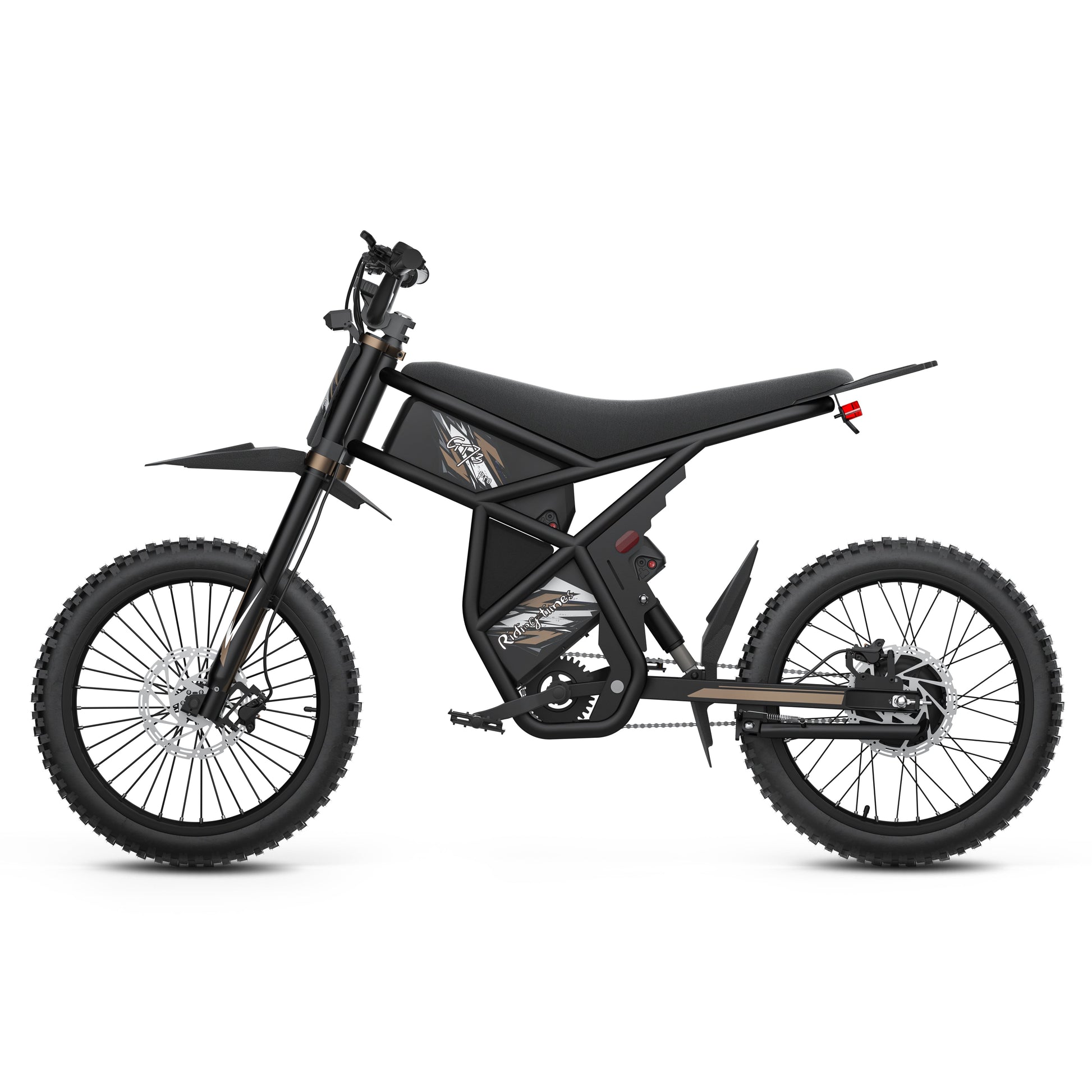 Black GT73 Pro electric motorbike with rugged off-road tires and rear gear hub motor design