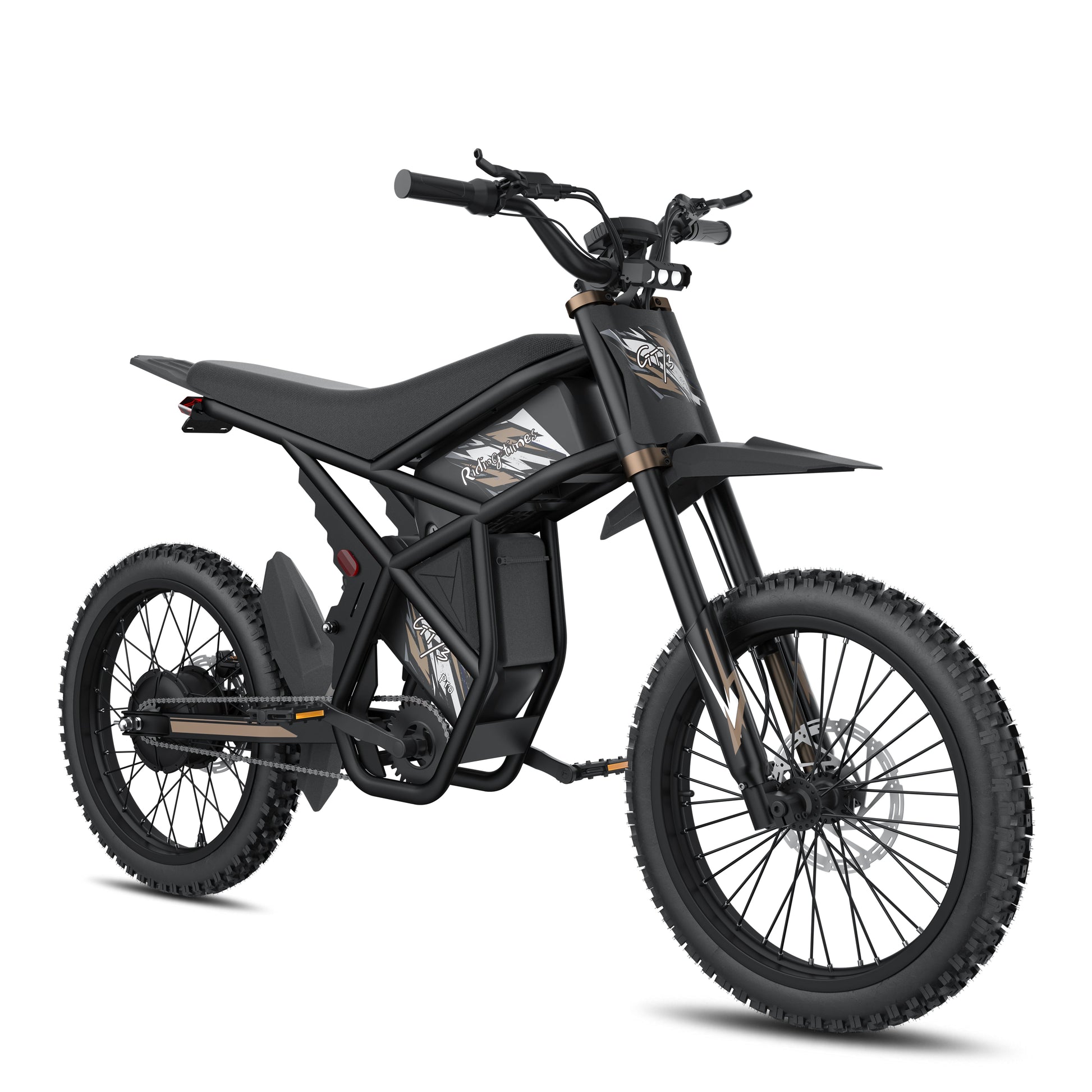 Black GT73 Pro electric motorbike with rugged off-road tires and rear gear hub motor design
