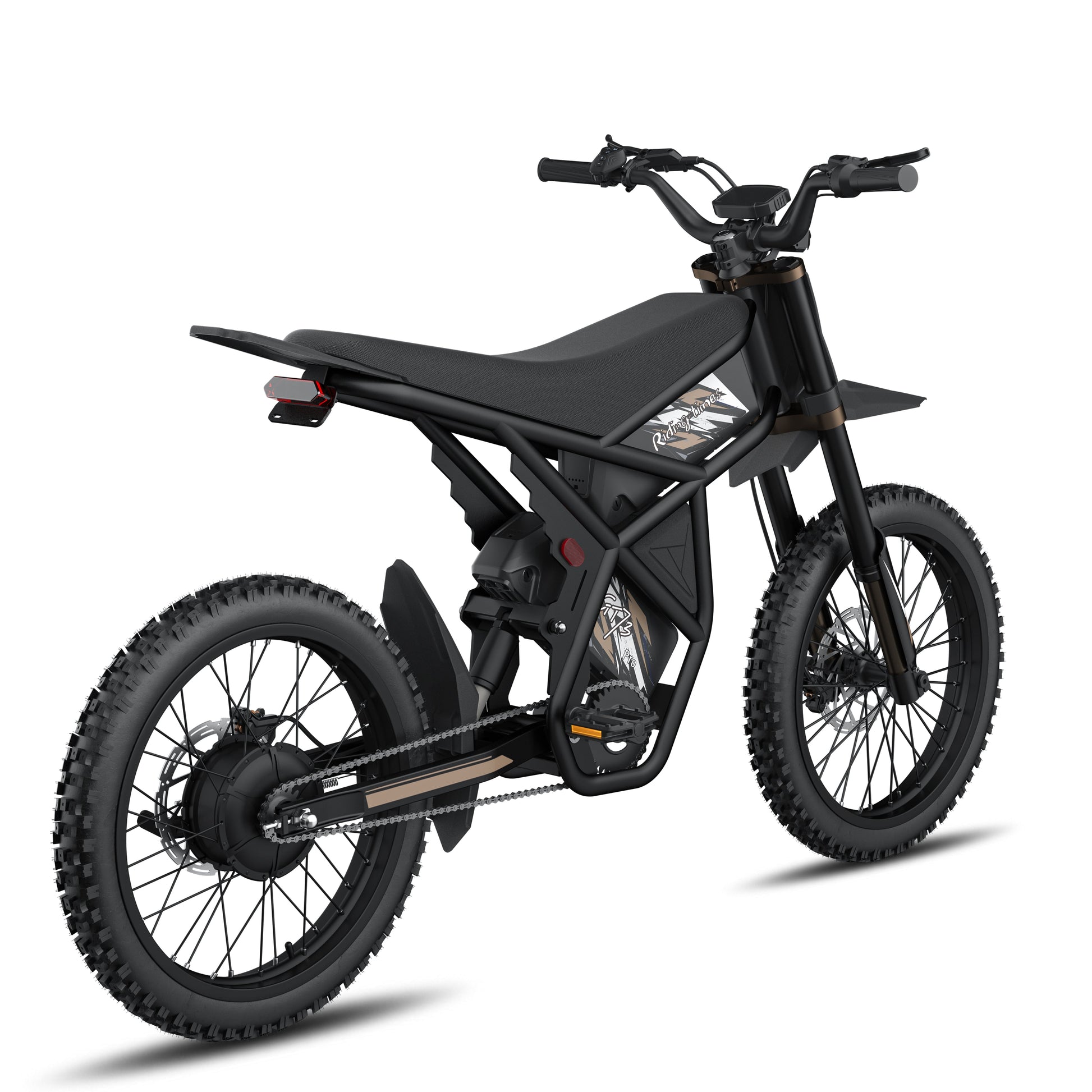 Black GT73 Pro electric motorbike with rugged off-road tires and rear gear hub motor design