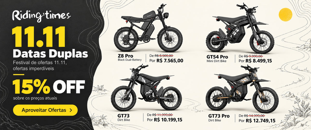 11.11 Datas Duplas Riding’times Brasil: 15% OFF. Z8 Pro R$ 7.565,00; GT54 Pro R$ 8.499,15; GT73 R$ 10.199,15; GT73 Pro R$ 12.749,15. Aproveitar ofertas.