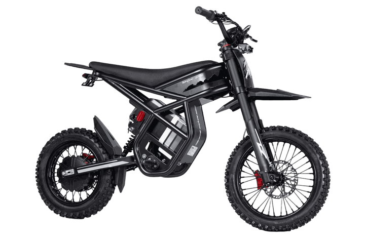 Off-road electric mini moto GT54 Pro in black with rugged tires, front and rear suspension, and disc brakes for adolescents and adults.