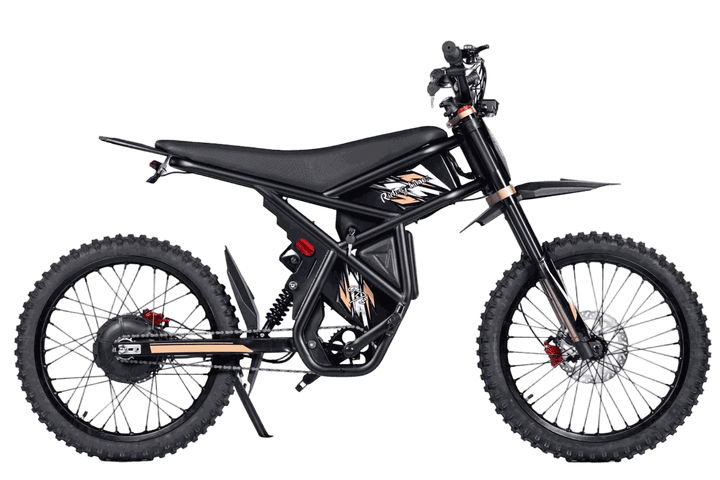 Electric off-road dirt bike GT73 Pro in black with rugged tires, full suspension, and a sturdy frame featuring graphic decals.
