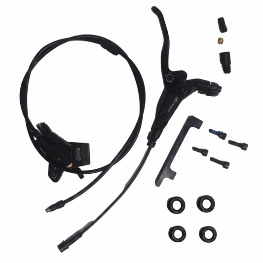 Front brake set with lever, hose, caliper, and mounting hardware for bicycle or motorcycle